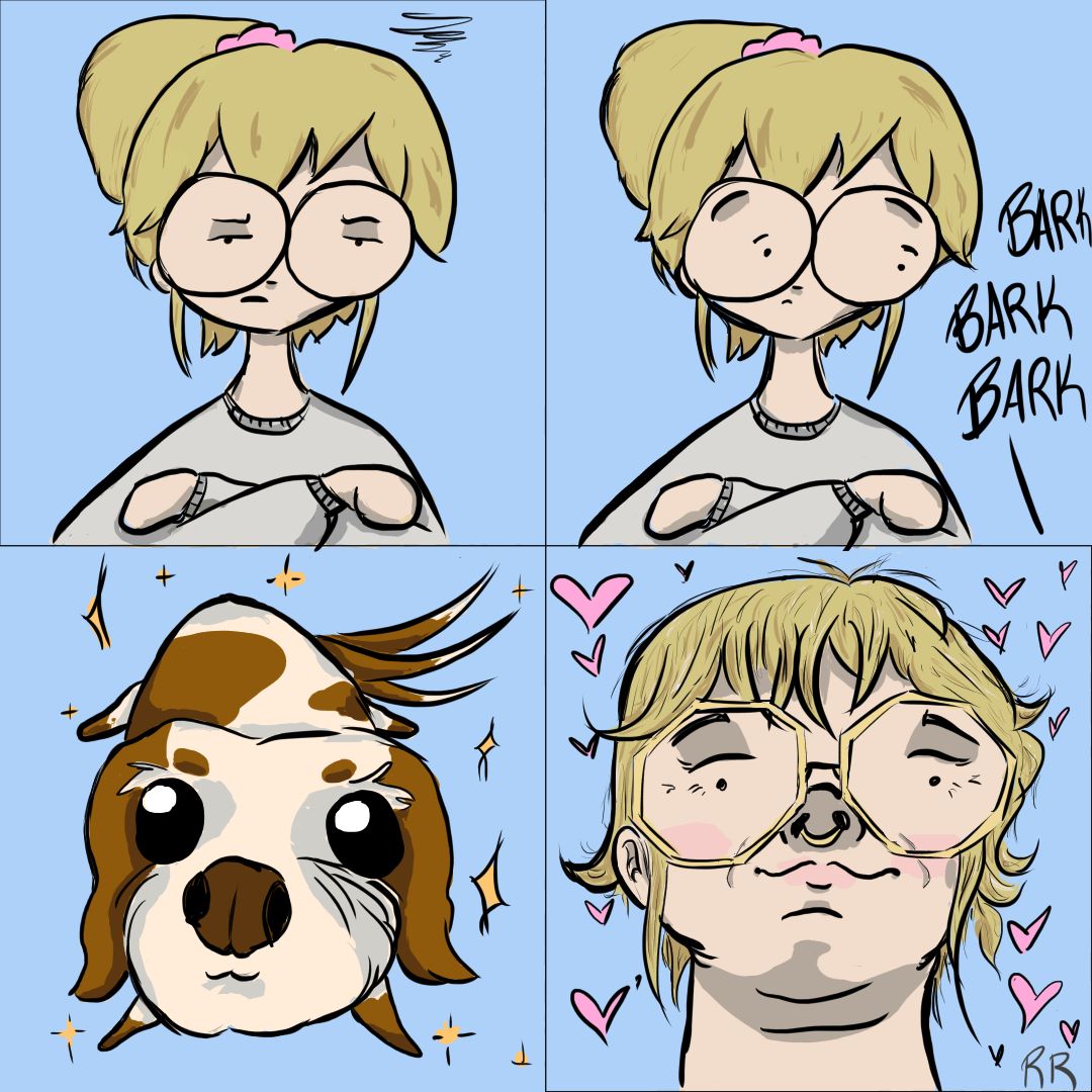 a simple four panel comic: panel one- character is looking dejected and disinterested. panel two- character is distracted and surprised by something barking outside of frame. panel 3- a close up of a little king spaniel wagging it's tail with sparkles surrounding it. panel 4- close up and unflattering low angle of character smiling at the dog with hearts around their face. 